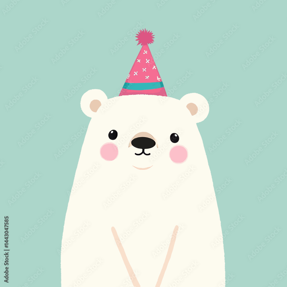 Cartoon polar bear wearing a pink party hat on light blue
