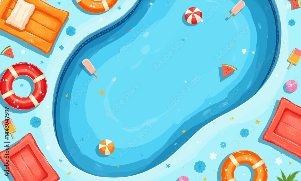 Cartoon Pool Party with Floats, Treats, and Watermelon
