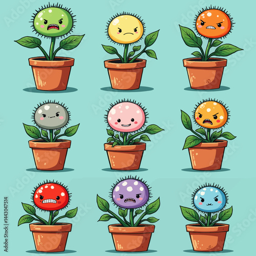 Obraz na płótnie Cartoon Potted Plants with Varied Emotions on Blue w salonie