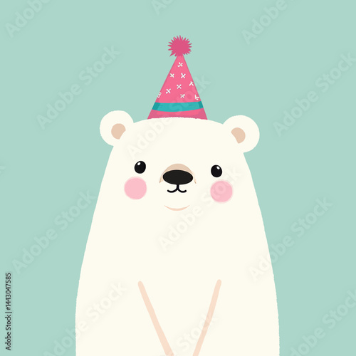 Obraz na płótnie Cartoon polar bear wearing a pink party hat on light blue w salonie