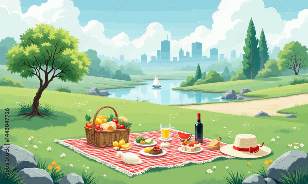 Cartoon Picnic by Lake with City Skyline View