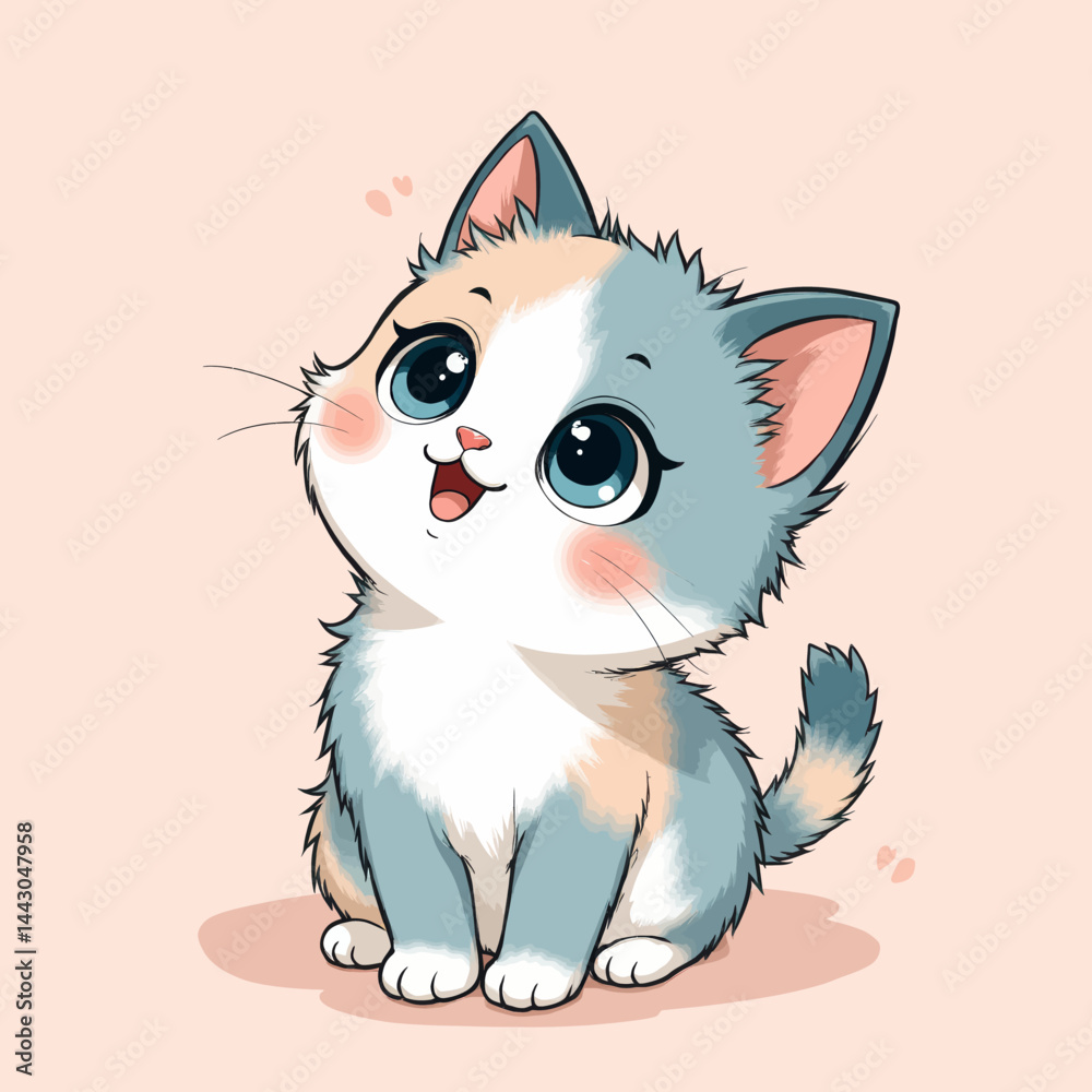 Cartoon kitten with big blue eyes sits sweetly