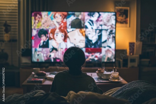 Child watching colorful anime series on large TV in cozy living room with snacks and warm lighting