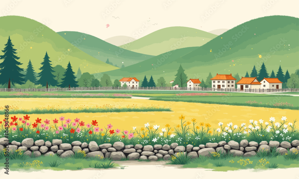 Cartoon Landscape with Stone Wall and Village Houses