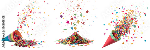 Set of a confetti explosion on a white surface isolated on a transparent background