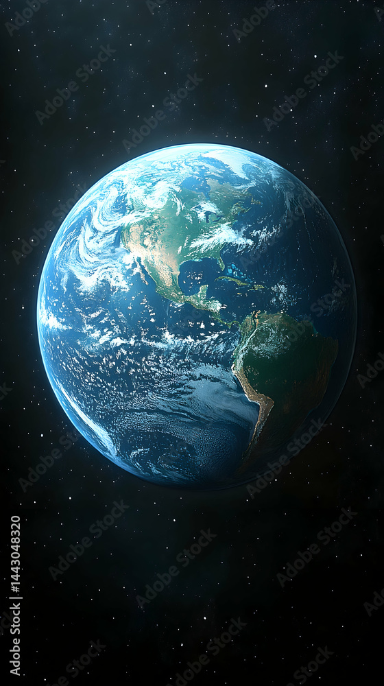 Fototapeta premium Earth with swirling clouds over continents and oceans set against a backdrop of stars in space