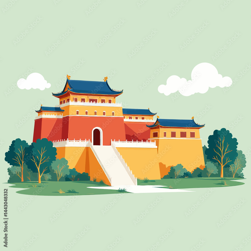 Cartoon illustration of a Chinese fortress with trees and clouds