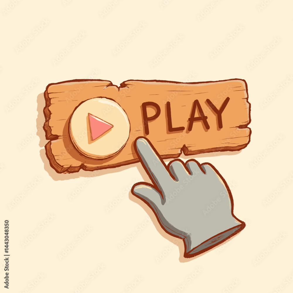 Cartoon Hand Pressing Play Button on Wooden Plank