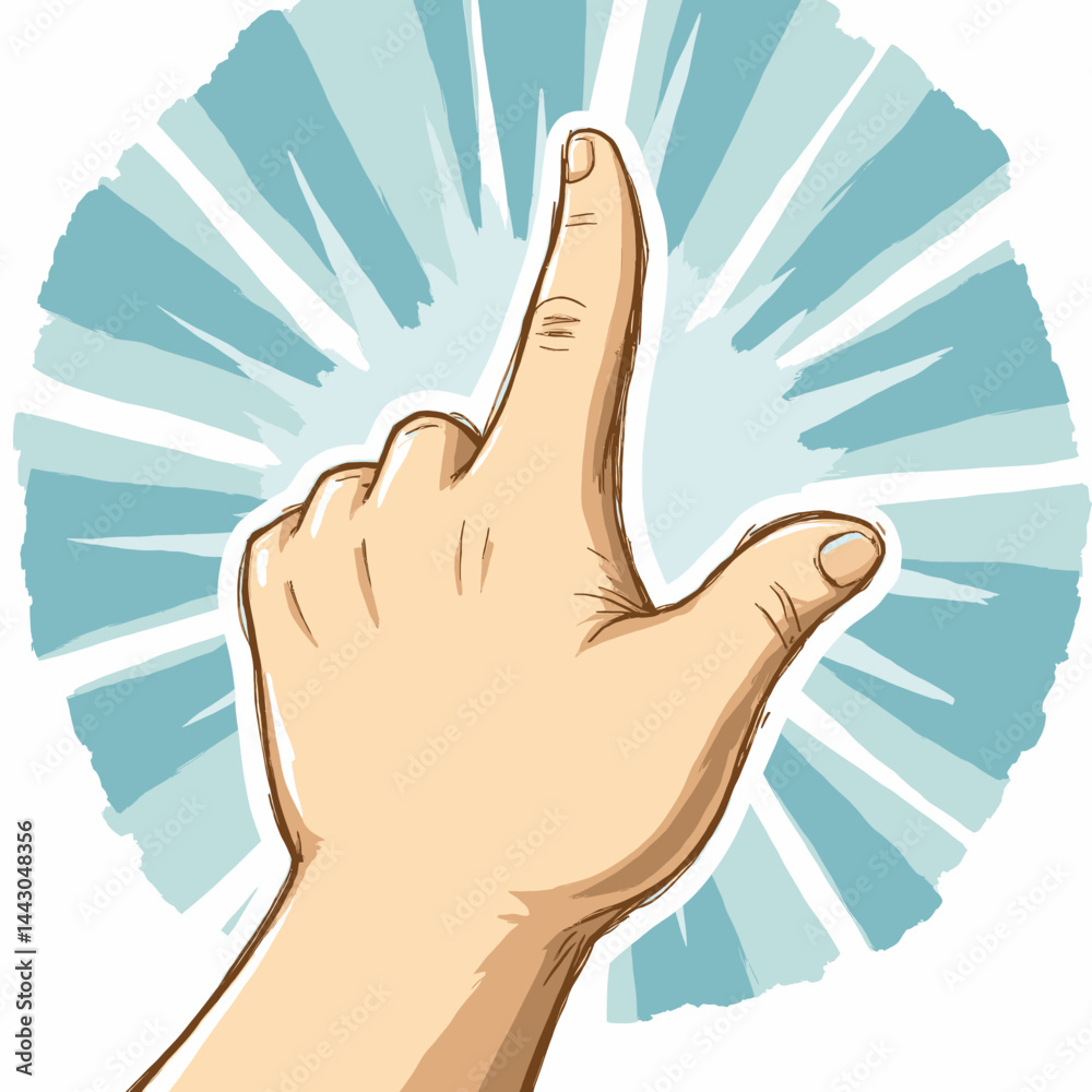 Cartoon hand pointing with blue burst background