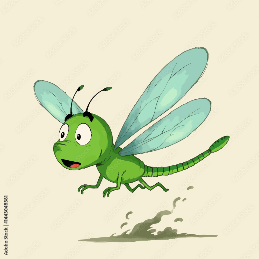 Cartoon Green Dragonfly with Big Eyes Flying Above Ground