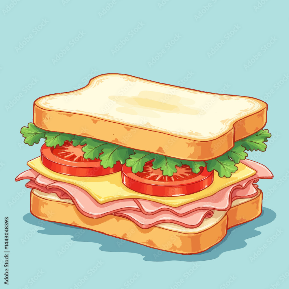 Cartoon Ham Sandwich with Tomato and Lettuce on Blue