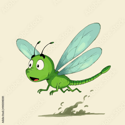 Obraz na płótnie Cartoon Green Dragonfly with Big Eyes Flying Above Ground w salonie