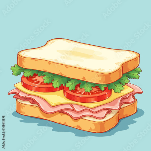 Obraz na płótnie Cartoon Ham Sandwich with Tomato and Lettuce on Blue w salonie