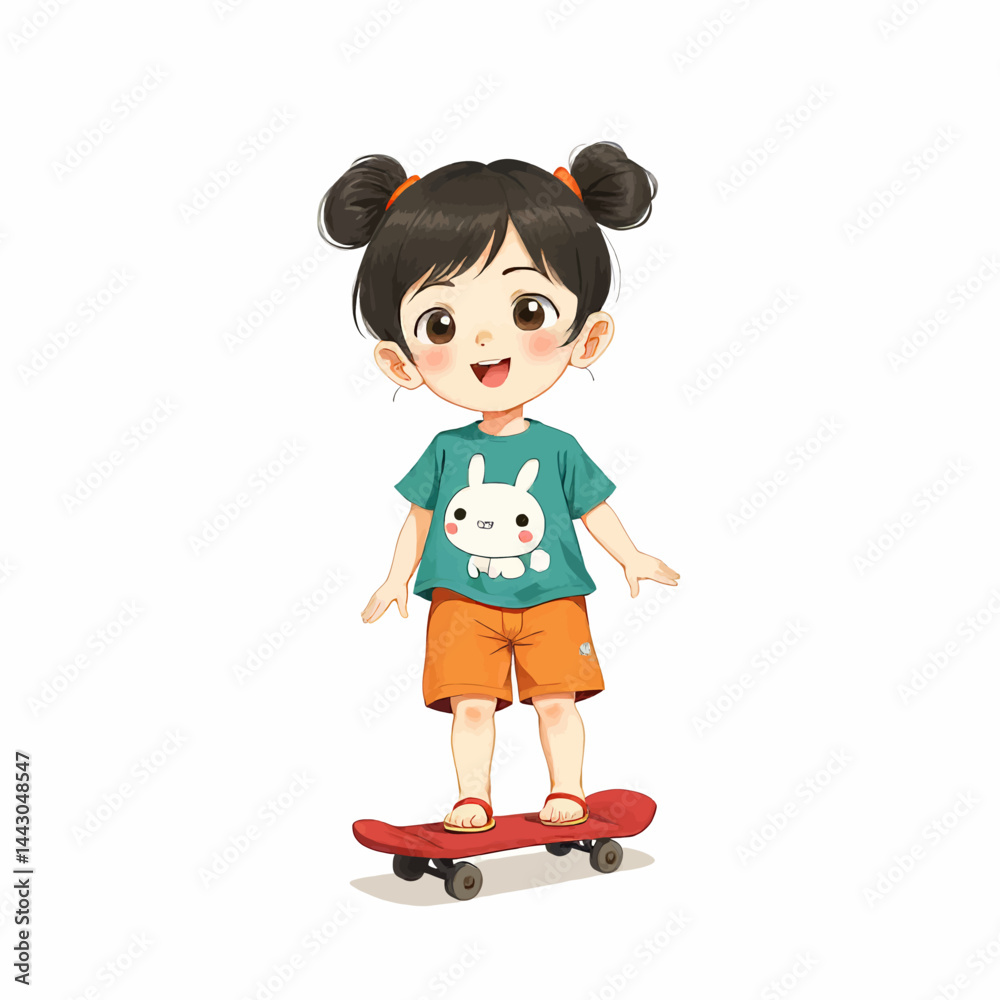 Cartoon girl with pigtails skateboarding, wearing rabbit tee