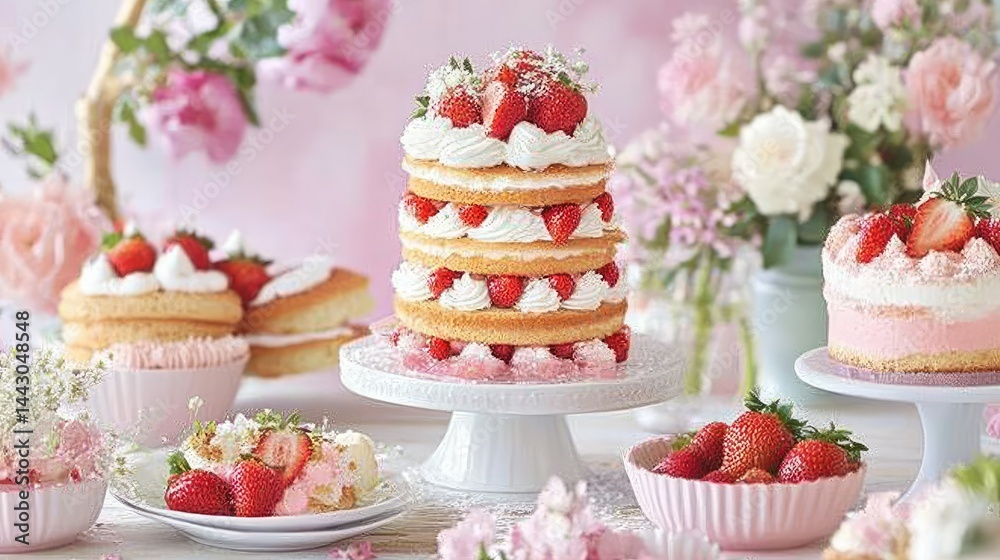 Sweet and delicate cakes stacked with strawberries and cream, pastel setting Sweet and delicate cakes stacked with strawberries and cream, pastel setting