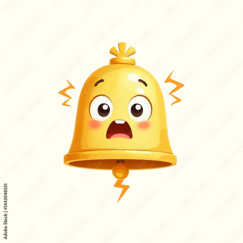 Cartoon Golden Bell with Shocked Expression and Lightning Bolts