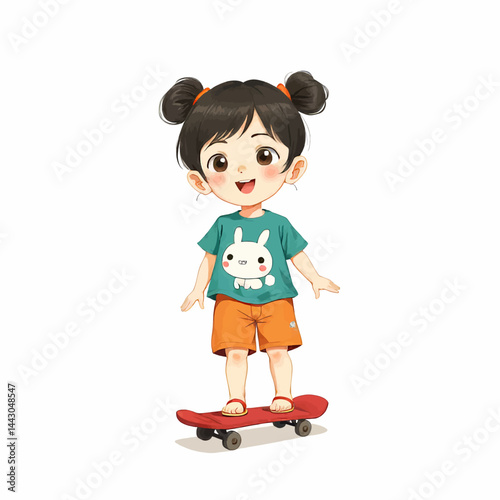 Obraz na płótnie Cartoon girl with pigtails skateboarding, wearing rabbit tee w salonie