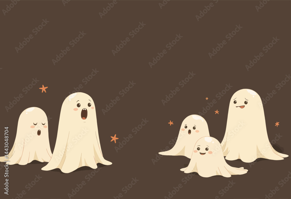 Cartoon ghosts with varied expressions on brown background