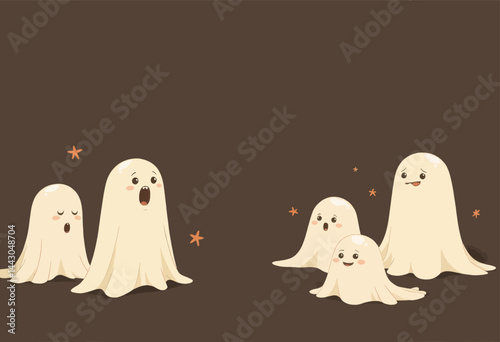 Obraz na płótnie Cartoon ghosts with varied expressions on brown background w salonie