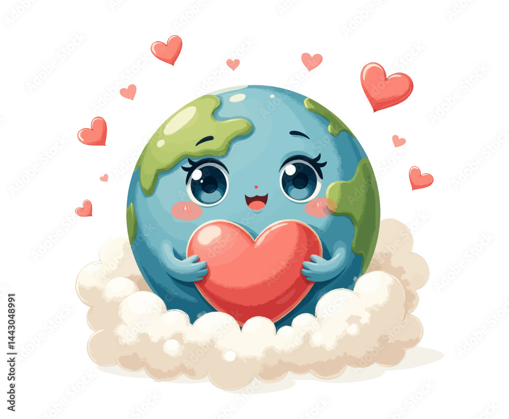 Cartoon Earth Holding Heart Surrounded by Clouds and Hearts