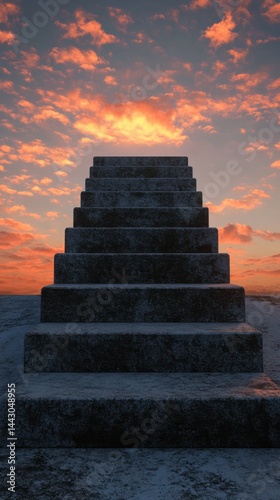 Stone stairway ascends to a vibrant sunset sky with orange clouds creating a hopeful and serene mood for new beginnings and spiritual journey with a low angle view