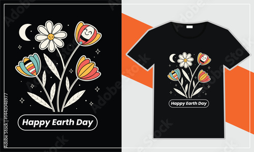  black T-shirt with a cheerful Earth Day design