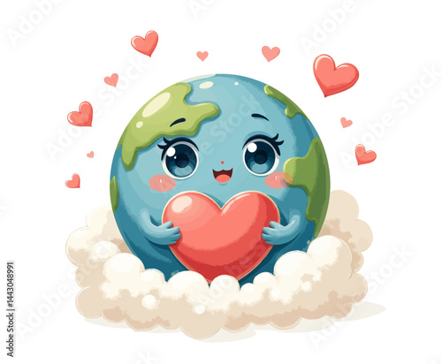 Obraz na płótnie Cartoon Earth Holding Heart Surrounded by Clouds and Hearts w salonie
