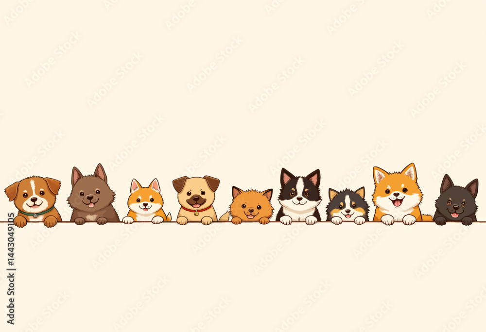 Cartoon Dogs Peeking Over Edge, Variety of Breeds