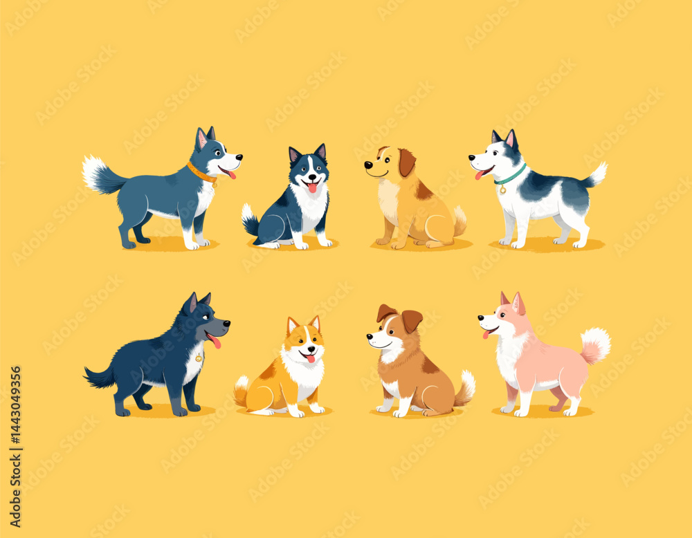 Cartoon Dogs: Husky, Corgi, Golden Retriever on Yellow