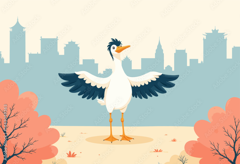 Cartoon Crane with Cityscape Background