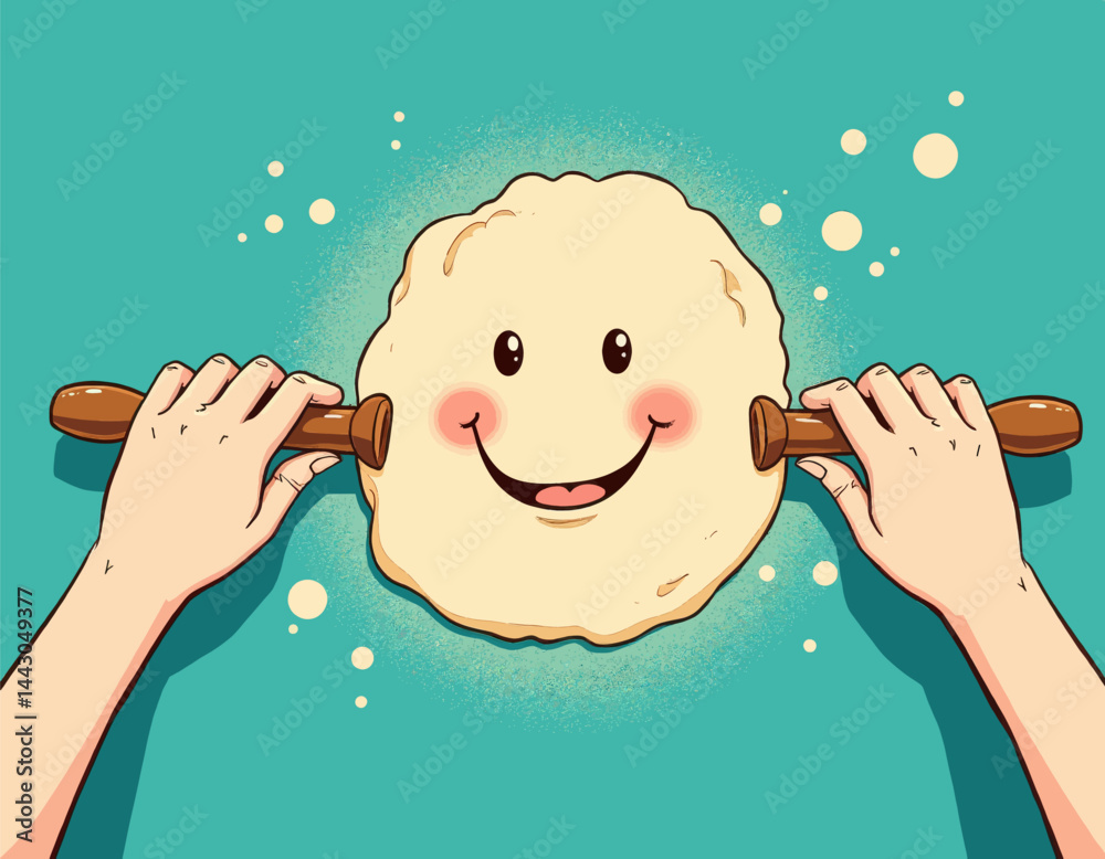Cartoon dough with face being rolled out on green background