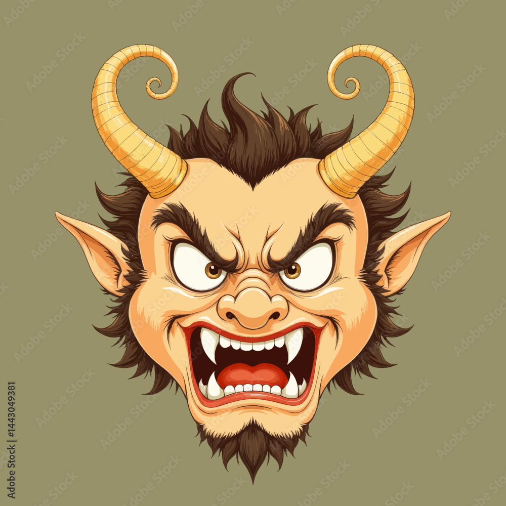 Cartoon demon face with spiral horns and sharp teeth