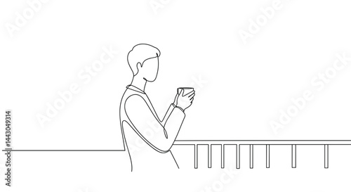 Line art of a man enjoying a drink on a balcony  