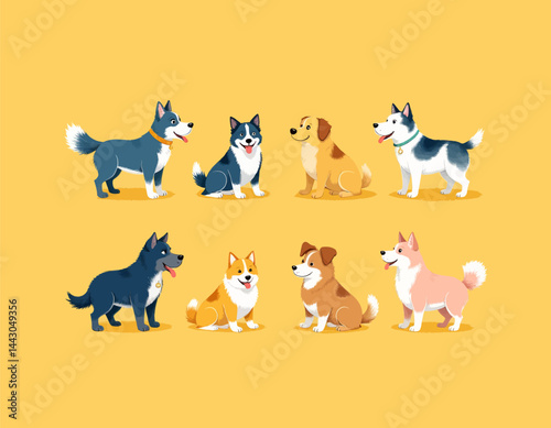 Obraz na płótnie Cartoon Dogs: Husky, Corgi, Golden Retriever on Yellow w salonie