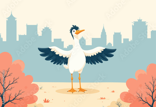 Obraz na płótnie Cartoon Crane with Cityscape Background w salonie