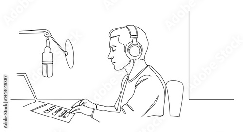 Person wearing headphones recording audio in a studio setup  