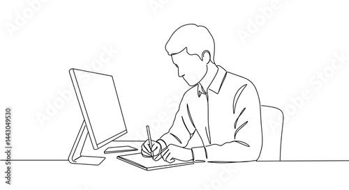 Outline of a man drawing on a digital tablet at a desk  