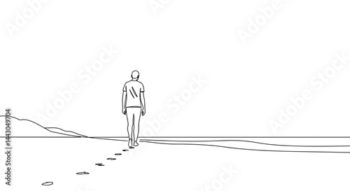 Abstract figure walking on a beach trail against a minimal background  