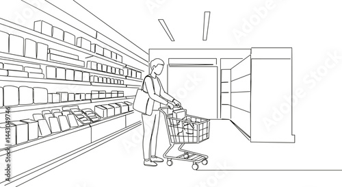 Shopper with Cart in Supermarket Aisle Illustration  