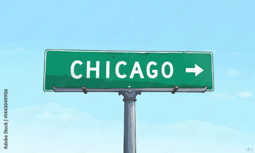 Cartoon Chicago road sign against a blue sky