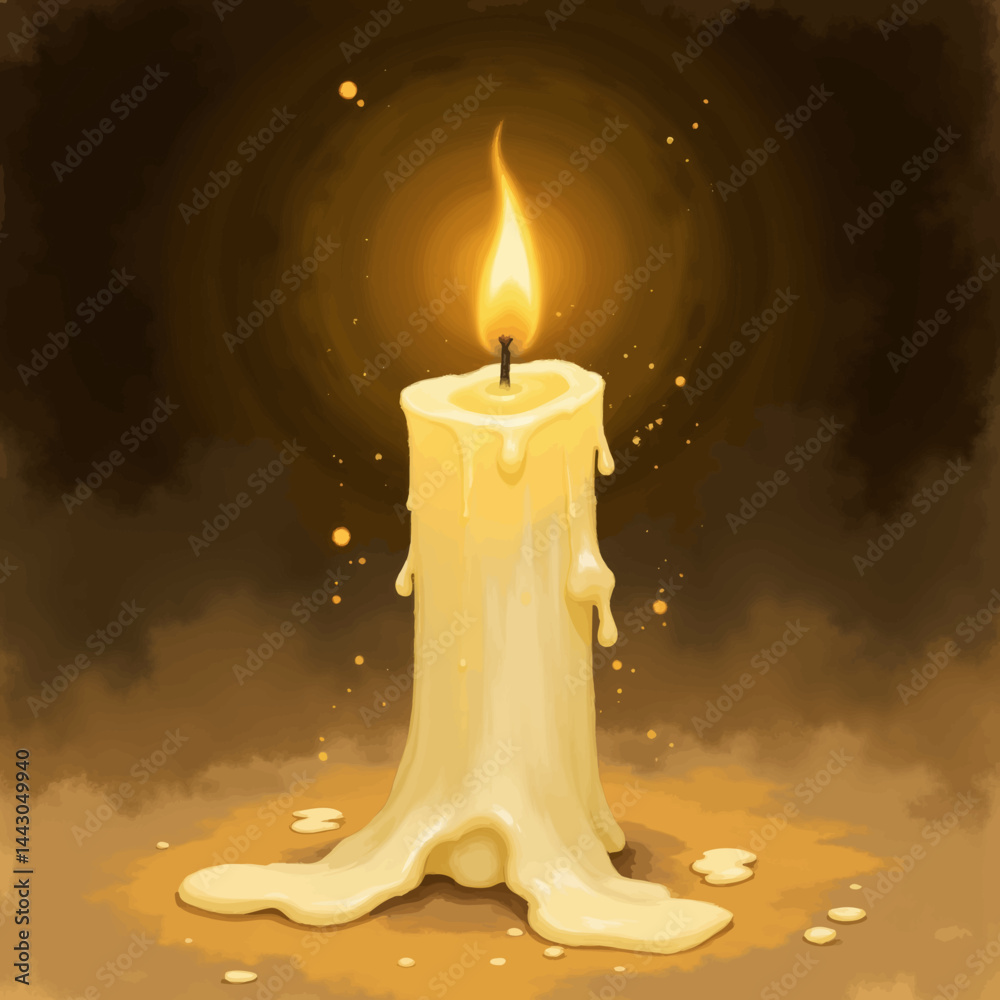 Cartoon Candle with Dripping Wax and Glowing Flame