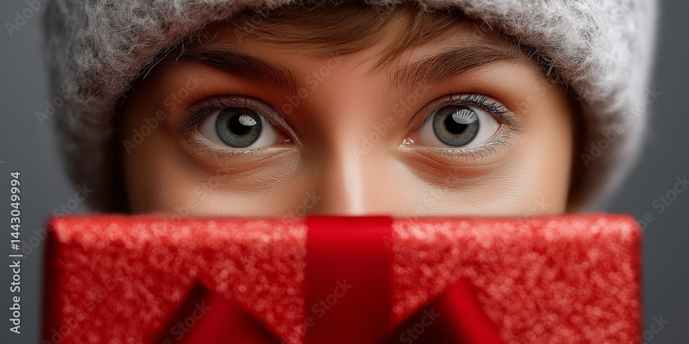 Ausdrucksstarke Augen einer jungen Frau mit Wintermütze und rotem Schal, der das Gesicht teilweise verdeckt