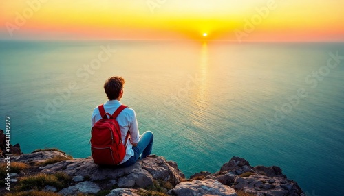 Man with Backpack Watching Sunset Over the Sea From Cliff Top