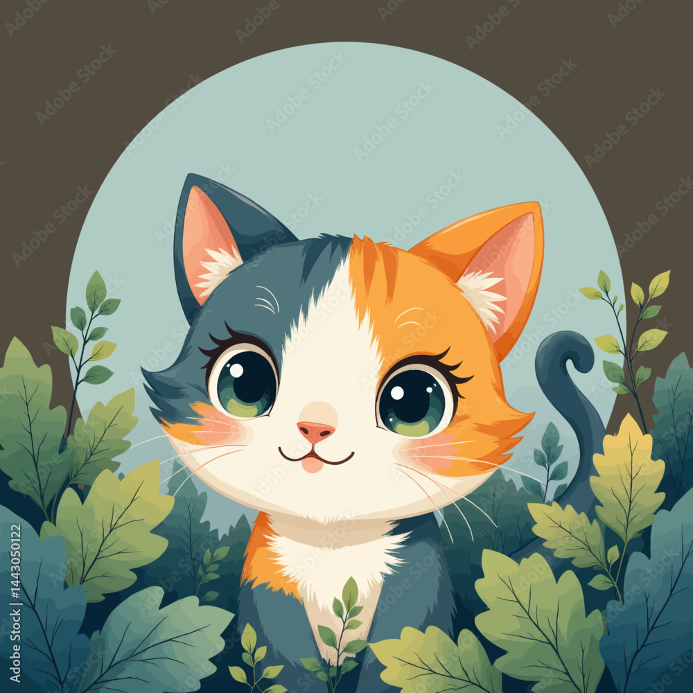 Cartoon Calico Cat with Green Eyes in Foliage