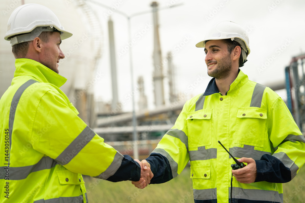 Engineer worker hand shaking to colleagues team for success work at construction site of petroleumchemical industry or refinery oil plant factory Engineer worker hand shaking to colleagues team for success work at construction site of petroleumchemical industry or refinery oil plant factory