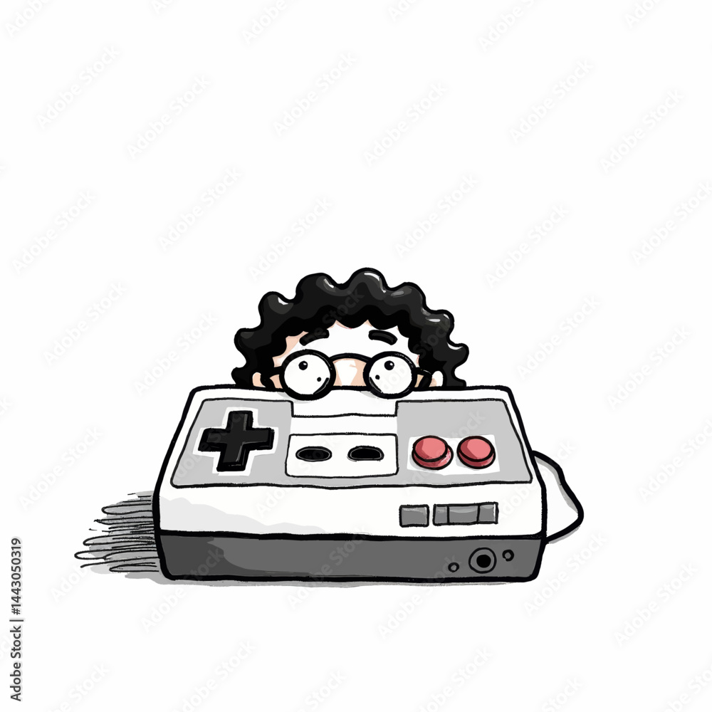 Cartoon boy with glasses peeking over NES controller
