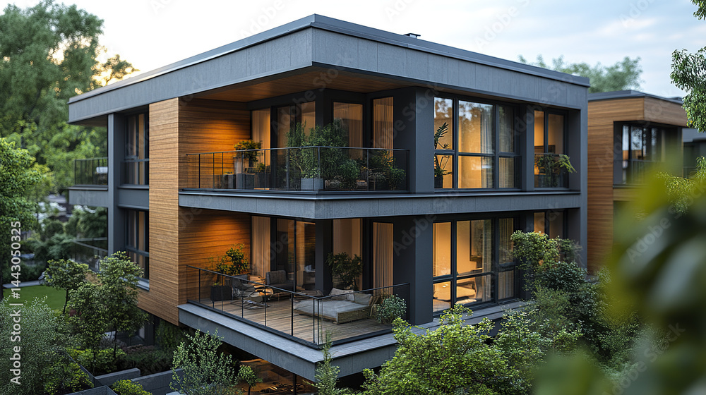 Modern residential buildings with balconies and lush greenery create serene atmosphere Modern residential buildings with balconies and lush greenery create serene atmosphere