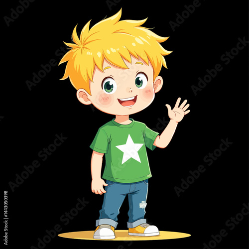 Obraz na płótnie Cartoon boy with blonde hair waving hello w salonie