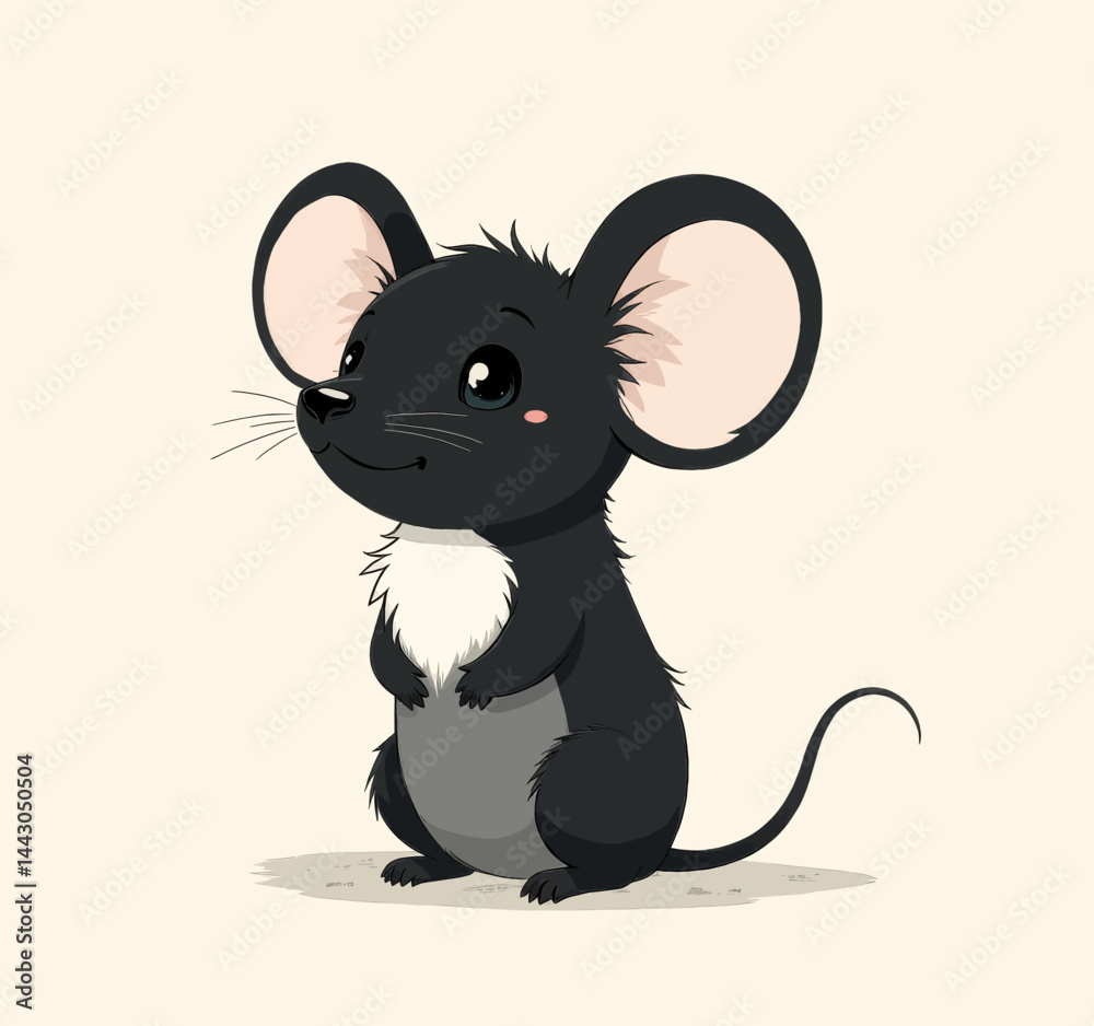 Cartoon Black Mouse with Big Ears and White Chest Fur