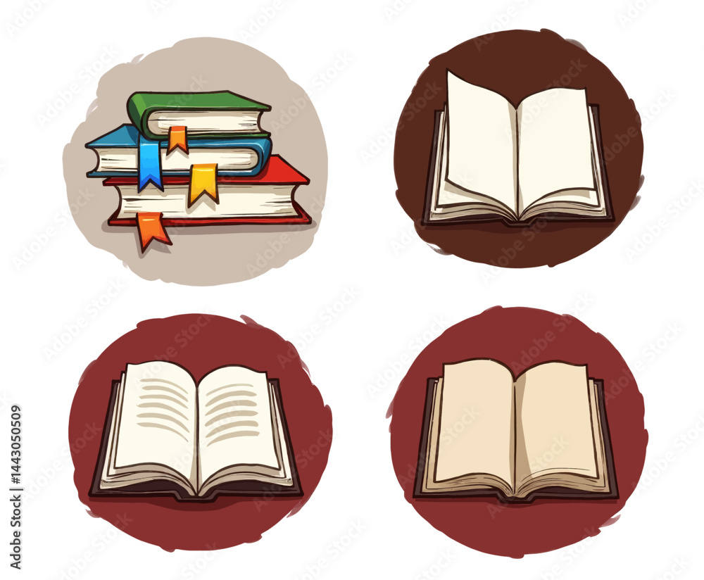 Cartoon books stack and open with bookmarks on white